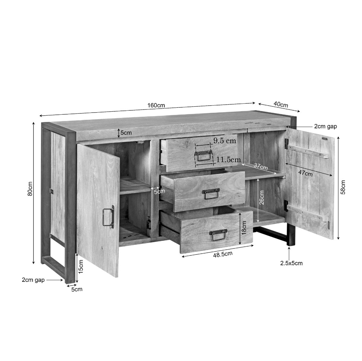 Dressoir Britt Naturel Mangohout 160 cm - Afbeelding 6