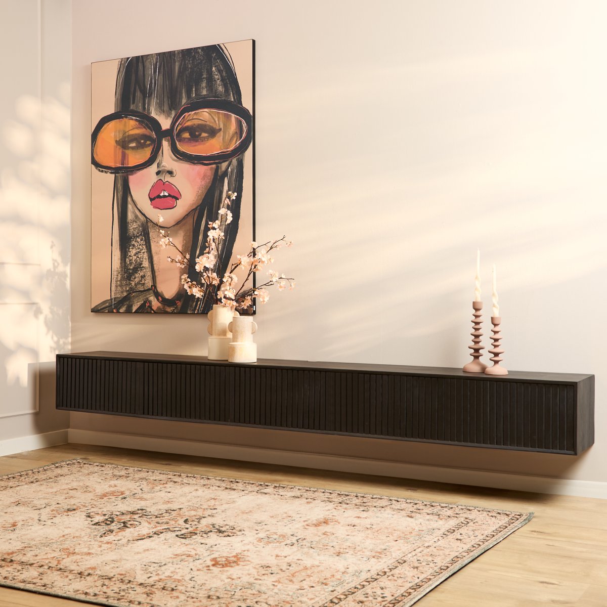 Zwevend tv meubel Madison Zwart Mangohout 280 cm